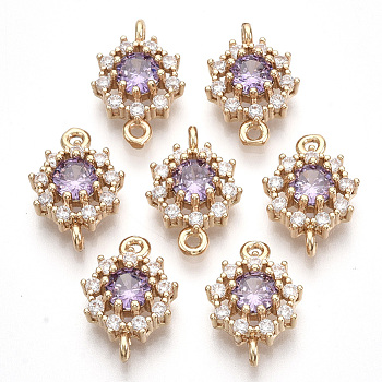 Transparent Glass Links connectors, with Golden Tone Brass Findings and Clear Rhinestone, Faceted, Flower, Violet, 16x11x5mm, Hole: 1.2mm
