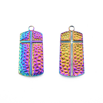 Ion Plating(IP) 201 Stainless Steel Pendants, Rectangle with Cross, Rainbow Color, 33.5x16.5x2mm, Hole: 3mm