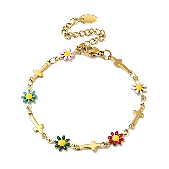 Enamel Flower & Cross Link Chain Bracelet, with Random Color Flower, Gold Plated 304 Stainless Steel Jewelry for Women, Colorful, 6-5/8 inch(16.9cm)