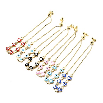 Clear Cubic Zirconia & Enamel Heart with Evil Eye Links Slider Bracelet, Gold Plated Brass Jewelry for Women, Lead Free & Cadmium Free, Mixed Color, 10-3/8 inch(26.4cm)