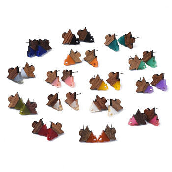 Resin & Walnut Wood Stud Earring Findings, with 304 Stainless Steel Pin and Hole, Two Tone, Tree, Mixed Color, 15.5x13.5mm, Hole: 1.8mm, Pin: 0.7mm