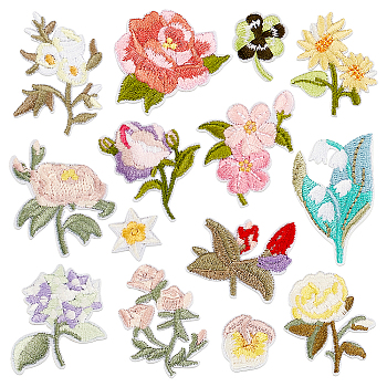 1Set Flower Cloth Embroidery Applqiues, Iron on/Sew on Patches, Costume Ornament Accessories, Mixed Color, 22~50x20~40x1.5~2mm, 14 style, 1pc/style, 14pcs/set