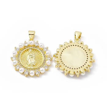 Rack Plating Eco-friendly Brass Micro Pave Clear Cubic Zirconia Pendants, with Plastic Imitation Pearl, Long-Lasting Plated, Lead Free & Cadmium Free, Flat Round with Religion Virgin Mary Charm, Real 18K Gold Plated, 24x23x3mm, Hole: 4x3mm