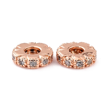 Brass Micro Pave Clear Cubic Zirconia Beads, Long-Lasting Plated, Cadmium Free & Lead Free, Flat Round, Real Rose Gold Plated, 8x2mm, Hole: 2.8mm