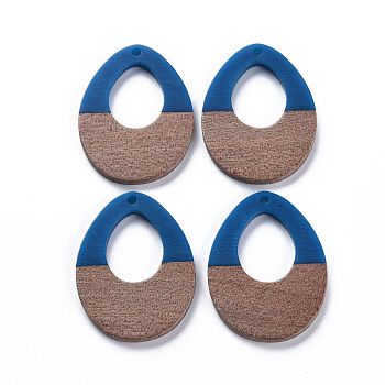 Opaque Resin & Walnut Wood Pendants, Two Tone, Teardrop, Royal Blue, 37x28.5x3mm, Hole: 2mm