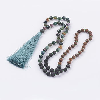 Nylon Tassel Pendant Necklaces, with Natural Indian Agate and Lava Rock Beads, and Wood Beads, with Burlap Paking Pouches Drawstring Bags, Green, 31.1 inch(79cm)