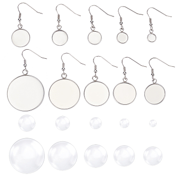 Unicraftale 160Pcs 20 Style 304 Stainless Steel Earring Hooks, with Blank Pendant Trays, Flat Round Setting for Cabochon, Stainless Steel Color, 8pcs/style