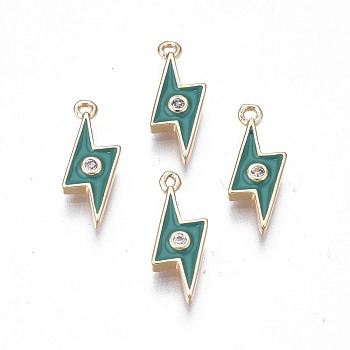 Brass Enamel Charms, with Pave Clear Cubic Zirconia, Nickel Free, Real 18K Gold Plated, Lightning Bolt, Dark Cyan, 13.5x6x2mm, Hole: 1mm