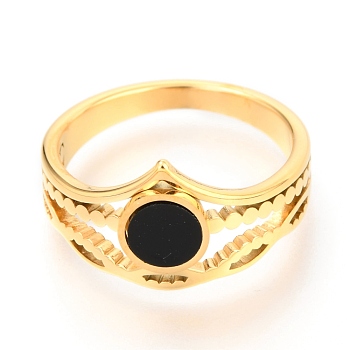 304 Stainless Steel Finger Rings, with Resin, Flat Round, Black, Golden, US Size 7, Inner Diameter: 17mm