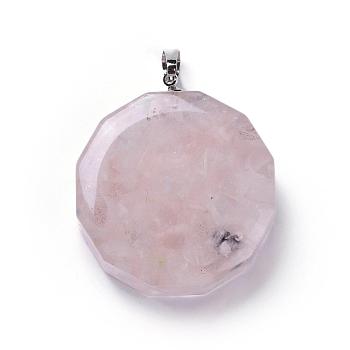 Resin Pendants, with Natural Rose Quartz Chips Inside, Long-Lasting Plated Brass Findings, Flat Round, Platinum, 39~40x34.5~35.5x10~12mm, Hole: 7~8x4.5~5mm
