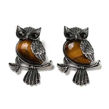 Natural Tiger Eye Pendants, Antique Silver Plated Owl Charms with Blak Glass, 45x33.5x19mm, Hole: 8x9.5mm
