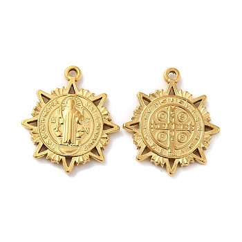 201 Stainless Steel Pendants, Sun with Saint Charm, Real 18K Gold Plated, 20.5x18x2mm, Hole: 1.2mm