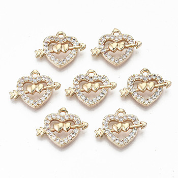 Brass Micro Pave Cubic Zirconia Pendants, Light Gold, Long-Lasting Plated, Cadmium Free & Lead Free, Heart with Arrow, Clear, 15x19x3.5mm, Hole: 1.5mm