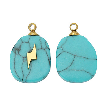 Synthetic Turquoise Pendants, Oval Charms with Golden Tone Stainless Steel Lightning Slice, 17x11mm, Hole: 1.5mm