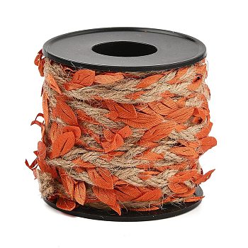 Braided Jute Cord, Polyester Cloth Leaf Trim Cord, with Spool, Coral, 6~25mm, about 10.94 Yards(10m)/Roll