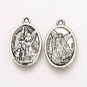 Tibetan Style Alloy Pendants, Oval, Cadmium Free & Lead Free, St Michael and Guardian Angel Medal, Antique Silver, 25x16x3mm, Hole: 2mm, about 400pcs/1000g