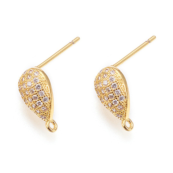 Brass Micro Pave Cubic Zirconia Stud Earring Findings, with Loop, Lead Free & Cadmium Free, Long-Lasting Plated, Teardrop, Clear, Golden, 12x7x3mm, Hole: 1mm, Pin: 0.7mm