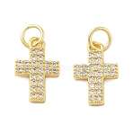 Brass Micro Pave Cubic Zirconia Pendants, Cross, Lead Free & Cadmium Free, Long-Lasting Plated, Rack Plating, with Jump Ring, Real 18K Gold Plated, 14x9x2mm, Hole: 3mm(X1-KK-C092-21D-G)