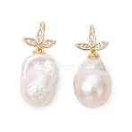Baroque Natural Edison Keshi Pearl Pendants, Oval Charms with Brass Micro Pave Cubic Zirconia Leaf, White, Golden, 26~27x12x11mm, Hole: 6x3mm(PALLOY-JF05194)