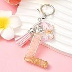 Resin & Acrylic & Faux Suede Tassel Keychain, with Alloy Clasp and Iron Rings, Letter L, 9.5cm(KEYC-YW00123-12)