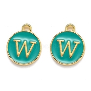 Golden Plated Alloy Enamel Charms, Enamelled Sequins, Flat Round with Alphabet, Letter.W, Green, 14x12x2mm, Hole: 1.5mm(X-ENAM-Q437-15W)