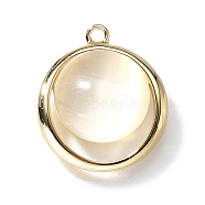 Brass Pendants, Flat Round, with Cat Eye, Real 18K Gold Plated, 15.5x13.5x4mm, Hole: 1mm(KK-Q035-03G)