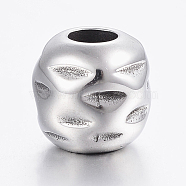 304 Stainless Steel European Beads, Large Hole Beads, Carved Barrel, Antique Silver, 10x9.5mm, Hole: 4mm(STAS-H440-69AS)