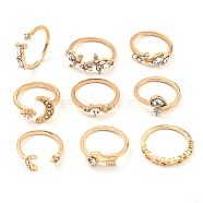 Crystal Rhinestone Cuff Rings Set, Golden Alloy Stackable Rings, Moon, Inner Diameter: 16~18mm, 9pcs/set(PW-WG14865-03)