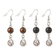 2Pair 2 Style Natural Lava Rock & Tiger Eye with Yin Yang Long Dangle Earrings, Brass Jewelry for Women, 49~50mm, Pin: 0.7mm, 1 Pair/style(EJEW-JE04962-01)