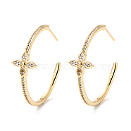Cubic Zirconia Open Hoop Earrings for Girl Women, Sunflower Half Hoop Earrings, C-shape Brass Stud Earrings, Real 18K Gold Plated, 34x35x11mm, Pin: 0.7mm(ZIRC-Z018-25G)