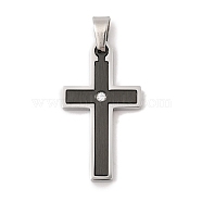 304 Stainless Steel Pendants, with Rhinestone, Cross Charm, Black, 38x18x3mm, Hole: 5x4.5mm(STAS-G346-07EB)