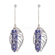 Natural Sodalite Bullet & Leaf Dangle Stud Earrings, Wire Wrapped Gemstone Jewelry for Women, Stainless Steel Color, 70mm, Pin: 0.7mm(EJEW-PH01406-03)