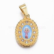 304 Stainless Steel Pendants, with Rhinestone, Oval with Divine Child Jesus, Golden, 20x14x2mm, Hole: 4x6mm(STAS-G155-11G)