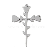 Non-Tarnish 304 Stainless Steel Pendants, Laser Cut, Rose Cross Charm, Stainless Steel Color, 46x30x1mm, Hole: 1mm(STAS-B062-11P)