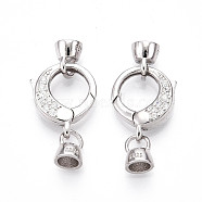 925 Sterling Silver Micro Pave Clear Cubic Zirconia Spring Gate Clasps, with S925 Stamp, Flat Round, Platinum, 24x12.5x5mm, Hole: 3.8mm, Pendent: 6.5x5x5mm, Hole: 3.8mm(STER-T008-153P)