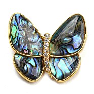 Abalone Shell Broochs, Butterfly with Heart Brass Rhinestone Pins for Women, Golden, 32x36x9mm, hole: 5x3mm(AJEW-Z010-01G)