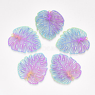 Ion Plating(IP) 201 Stainless Steel Filigree Pendants, Etched Metal Embellishments, Tropical Leaf Charms, Monstera Leaf , Rainbow Color, 39.5x35x0.2mm, Hole: 2mm(X-STAS-S108-37)
