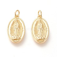 Brass Lady of Guadalupe Pendants, with Jump Rings, Long-Lasting Plated, Oval with Virgin Mary, Real 18K Gold Plated, 21.2x12x2.5mm, Jump Ring: 5x1mm, Inner Diameter: 3mm(KK-L006-022G)