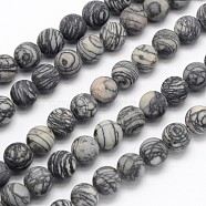 Frosted Round Natural Black Polychrome Jasper/Picasso Stone/Picasso Jasper Beads Strands, 6mm,  Hole: 1mm, about 62pcs/strand, 15.3 inch(X-G-N0166-44-6mm)