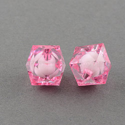 Transparent Acrylic Beads, Bead in Bead, Faceted Cube, Hot Pink, 10x9x9mm, Hole: 2mm, about 1050pcs/500g(TACR-S112-10mm-02)