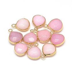 Natural White Jade Pendants, with Nickel Free Brass Findings, Faceted, Dyed, teardrop, Golden, Pink, 17.5x13.5x6.5mm, Hole: 2mm(X-G-Q963-07)