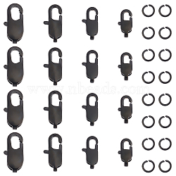 16Pcs 4 Styles 304 Stainless Steel Lobster Claw Clasps, with 16Pcs 304 Stainless Steel Open Jump Rings, Electrophoresis Black, 11~16x5.5~8x3mm, Hole: 1~1.5x1.5~2mm, 4pcs/style(STAS-UN0038-63)