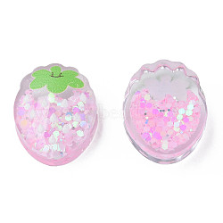 Printed Transparent Epoxy Resin Cabochons, with Paillettes, Strawberry, Pearl Pink, 17.5x14x6mm(CRES-N034-22)
