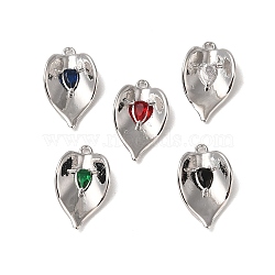 Brass Pendants, with Glass, Heart Charms, Real Platinum Plated, 20x12x4mm, Hole: 1.4mm(KK-L208-54P)