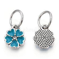 Enamel Style Flower Alloy Rhinestone Charms, with Iron Findings, Antique Silver, Dark Cyan, 13.5x11x3mm, Hole: 6mm(ENAM-S085-05)