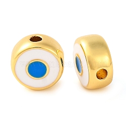 Rack Plating Brass Beads, with Enamel, Long-Lasting Plated, Real 18K Gold Plated, Flat Round with Evil Eye, White, 6.5x3.5mm, Hole: 1.2mm(KK-H486-02G-01)