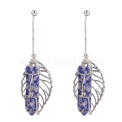 Natural Sodalite Bullet & Leaf Dangle Stud Earrings, Wire Wrapped Gemstone Jewelry for Women, Stainless Steel Color, 70mm, Pin: 0.7mm(EJEW-PH01406-03)