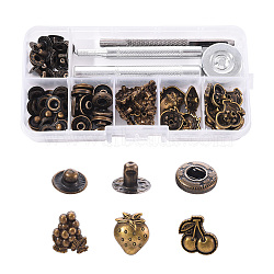 18 Sets Cherry & Grape & Strawberry Brass Leather Snap Buttons Fastener Kits, Including 1 Set 45# Steel Hole Punch Tool, 1Pc 45# Steel Round Base, Antique Bronze, Buttons: 18sets(SNAP-YW0001-06AB)