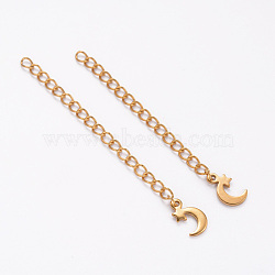 Ion Plating(IP) 304 Stainless Steel Chain Extender, with Moon Charms, Golden, 62~70mm, Ring: 4x3x0.5mm(STAS-F098-16)