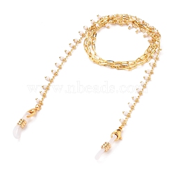 Eyeglasses Chains, Neck Strap for Eyeglasses, with Glass Beads, Brass Paperclip Chains, 304 Stainless Steel Lobster Claw Clasps and Rubber Loop Ends, Real 18K Gold Plated, White, 27.56 inch(70cm)(AJEW-EH00294-02)
